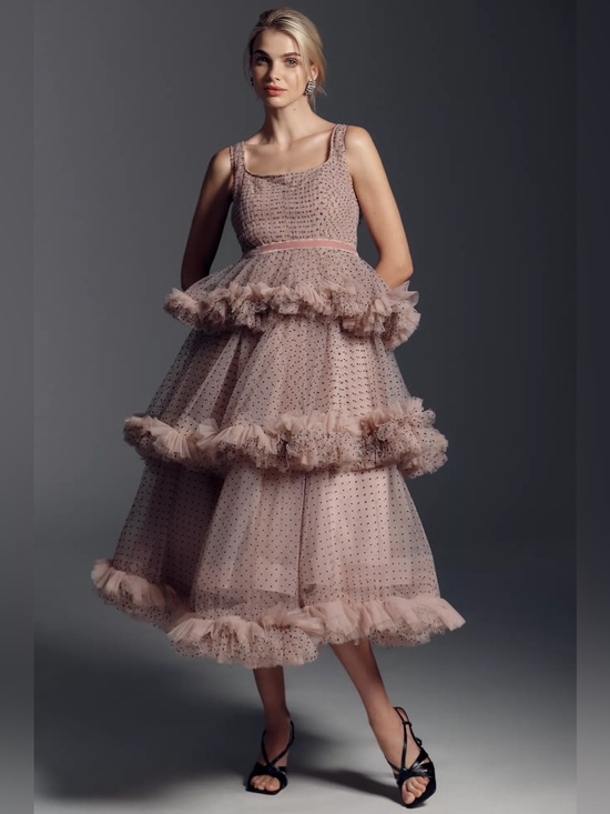 Anthropologie Dresses & Skirts - Mac Duggal Square-Neck Dotted Tulle Tiered Midi Dress